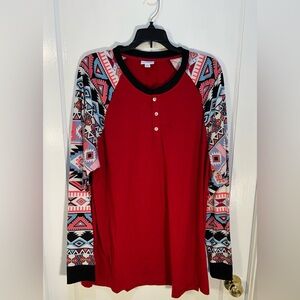 LuLaRoe Women's 2XL Red Baseball Randy T-shirt with Multi Color Geometric Sleevs